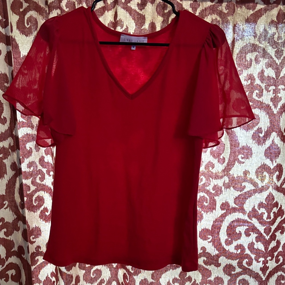 Chic Red V-Neck Blouse with Sheer Sleeves